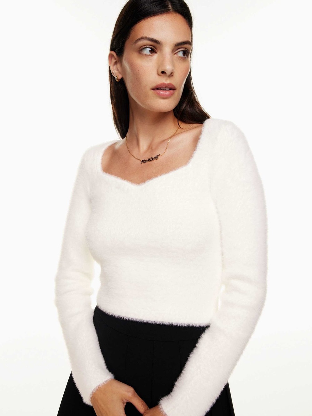ARITZIA SUNDAY BEST Elsie White Fuzzy Square-Neck Cropped Sweater (S)